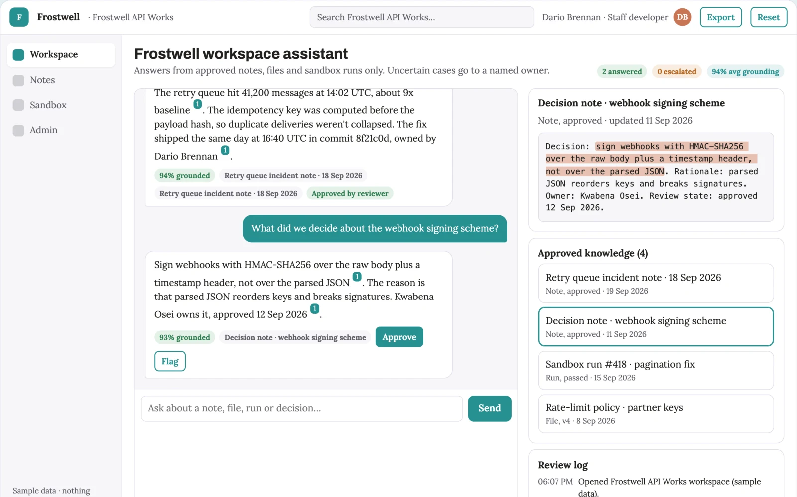 Screenshot of the Source-linked AI workspace with notes, code and files interactive demo