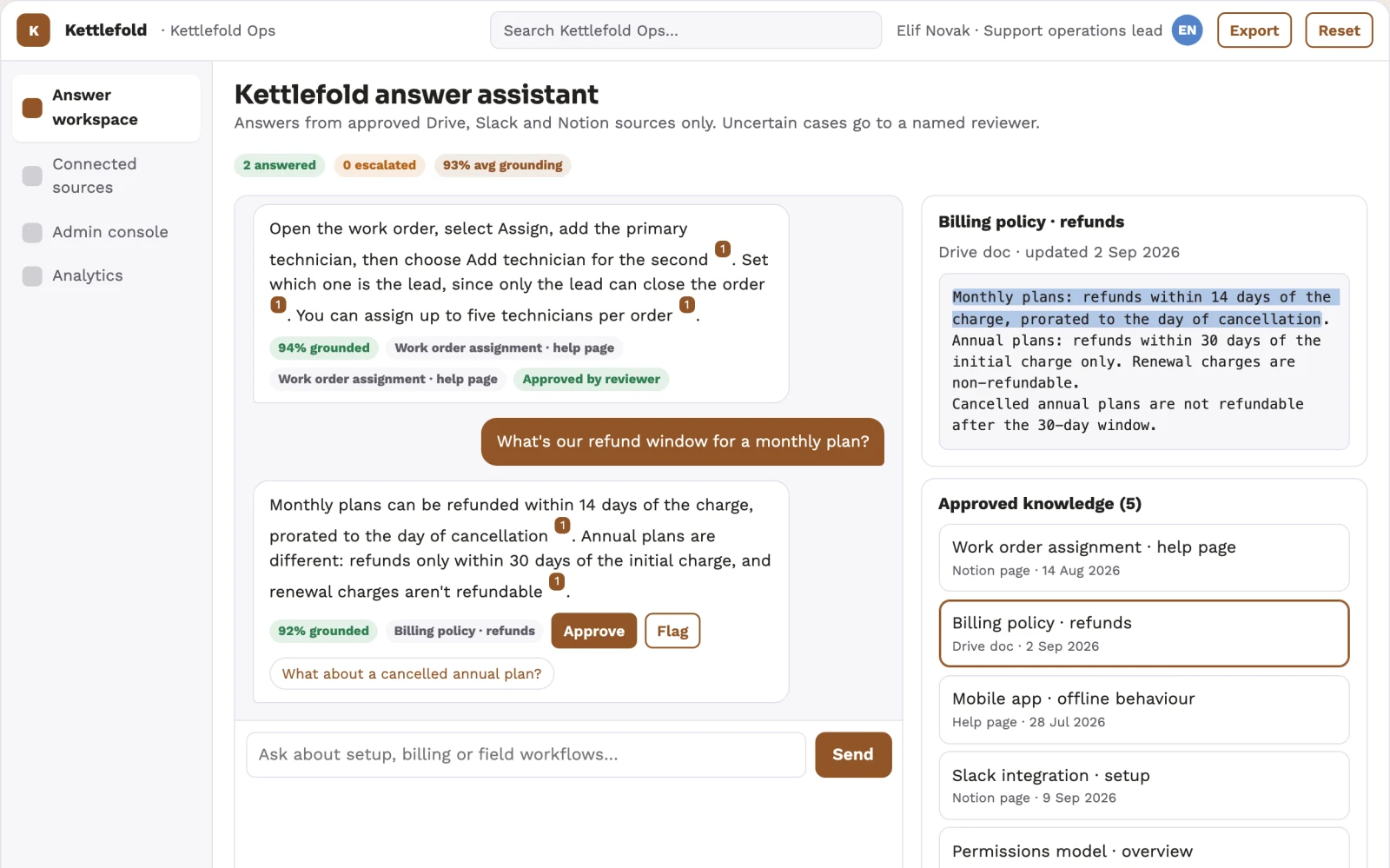 Screenshot of the Source-linked answer assistant and admin console interactive demo