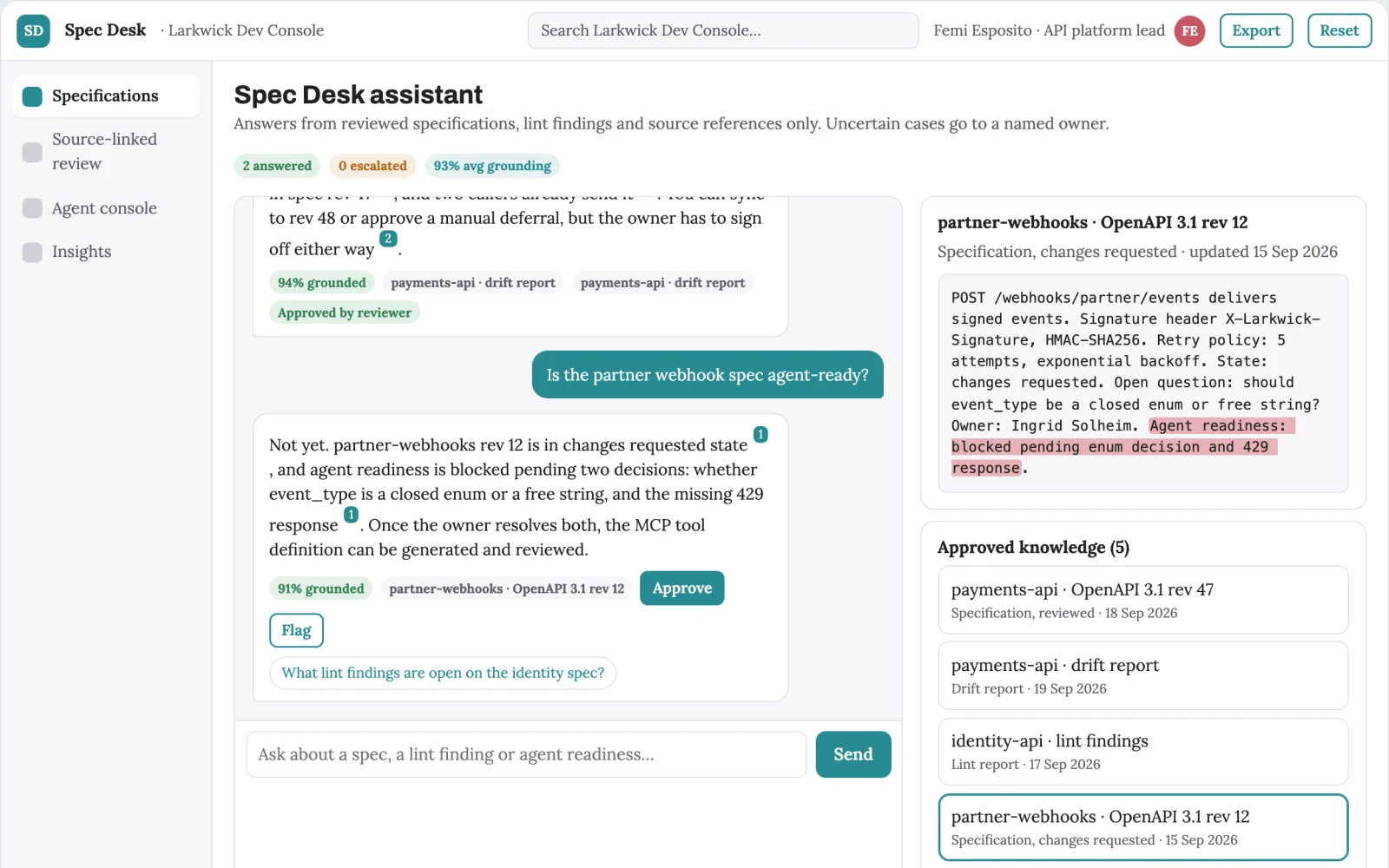 Screenshot of the Source-linked API specification and agent-readiness workbench interactive demo