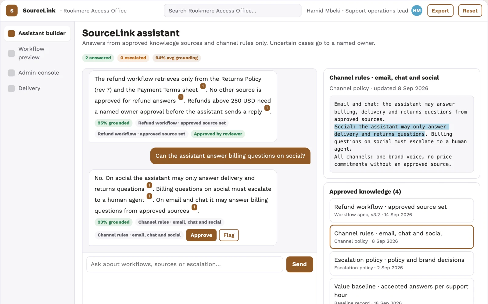 Screenshot of the Source-linked assistant deployment console interactive demo