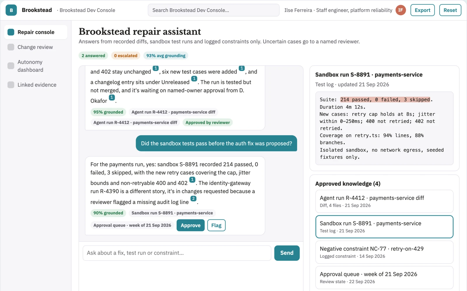 Screenshot of the Source-linked autonomous code repair console interactive demo