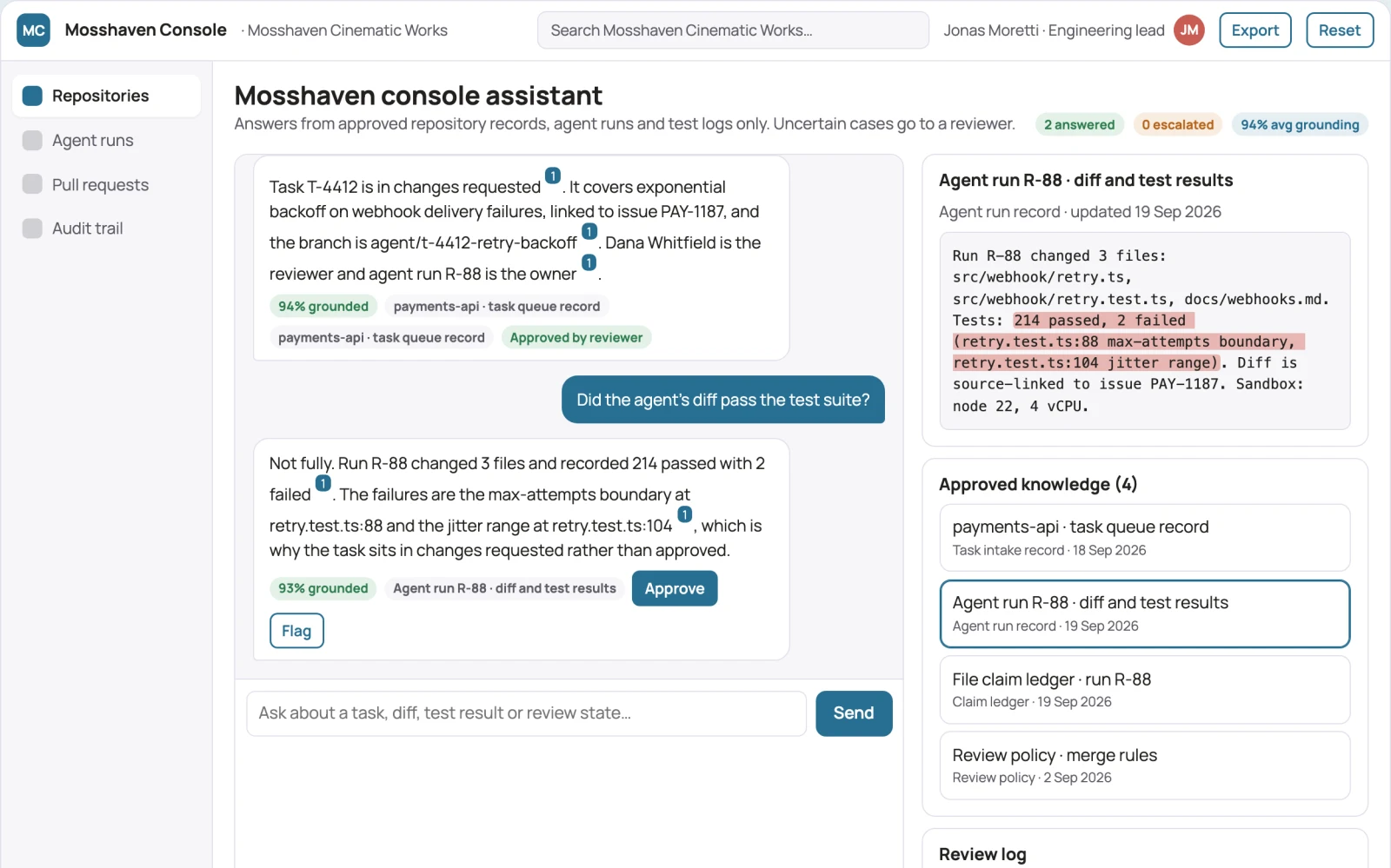 Screenshot of the Source-linked autonomous coding agent console interactive demo