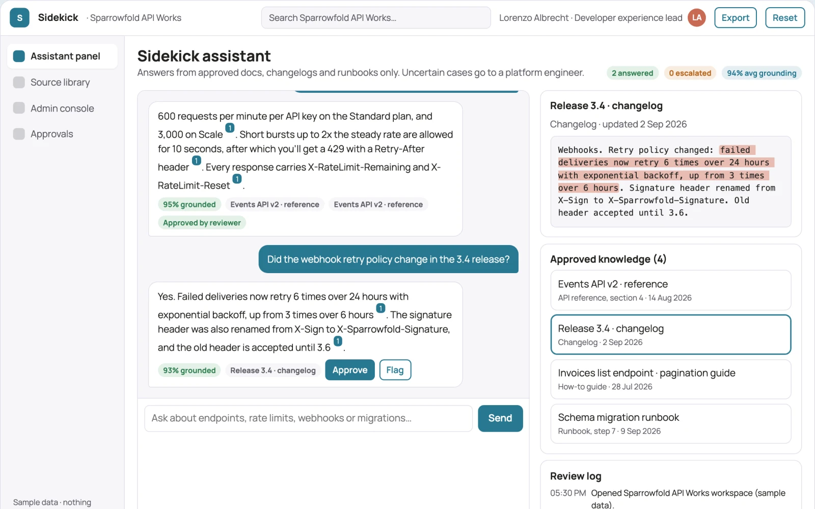 Screenshot of the Source-linked browser assistant and admin console interactive demo