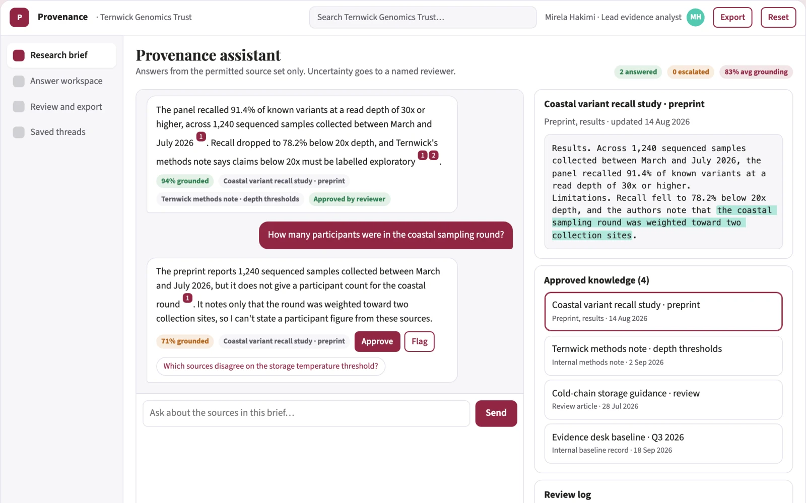 Screenshot of the Source-linked browsing research assistant console interactive demo