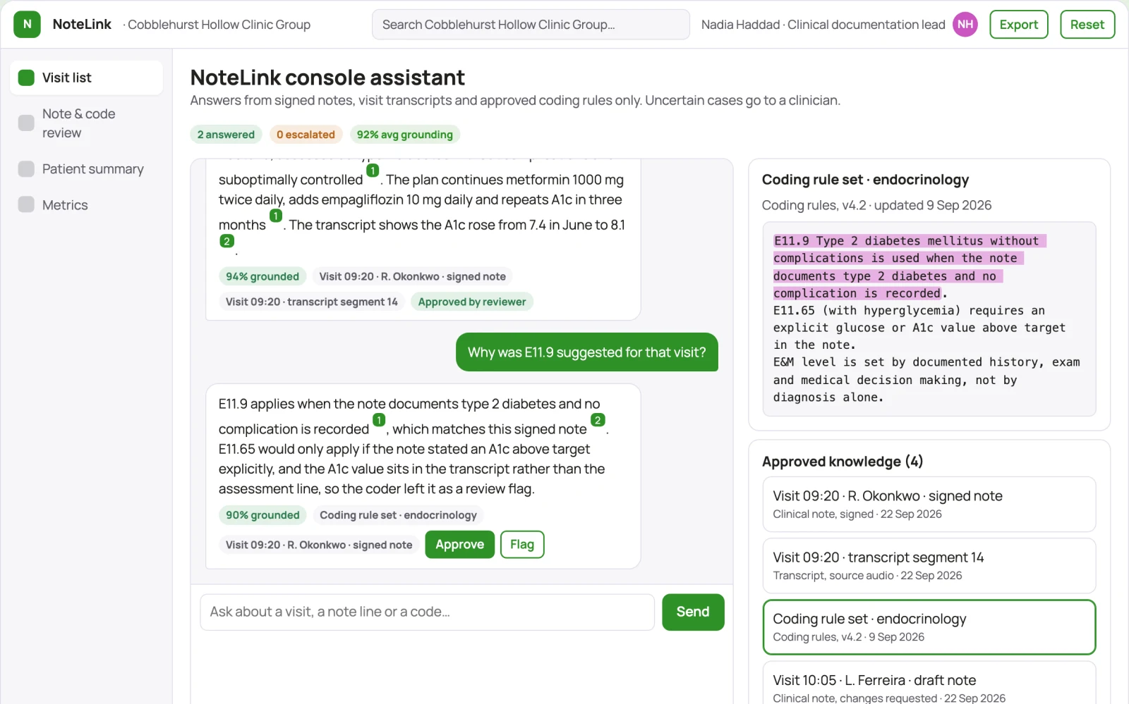 Screenshot of the Source-linked clinical documentation and coding console interactive demo