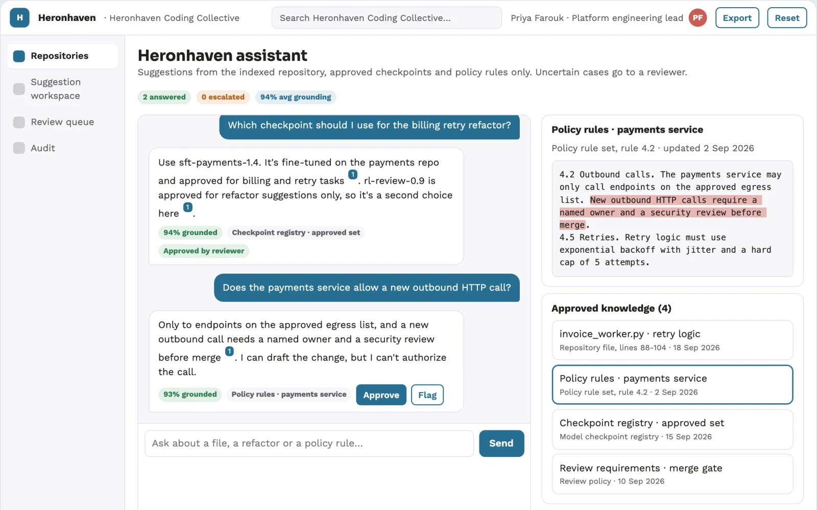 Screenshot of the Source-linked code assistant and admin console interactive demo
