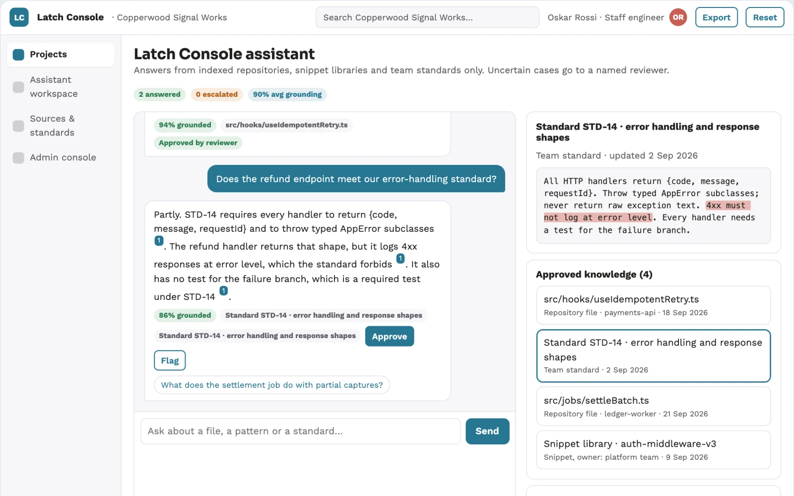 Screenshot of the Source-linked code assistant and admin console interactive demo