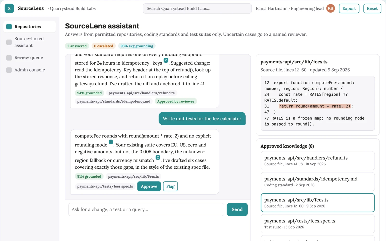 Screenshot of the Source-linked code generation and review console interactive demo