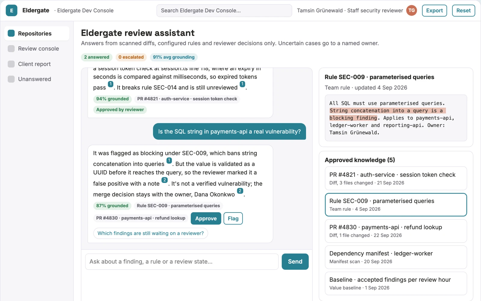 Screenshot of the Source-linked code review and security console interactive demo