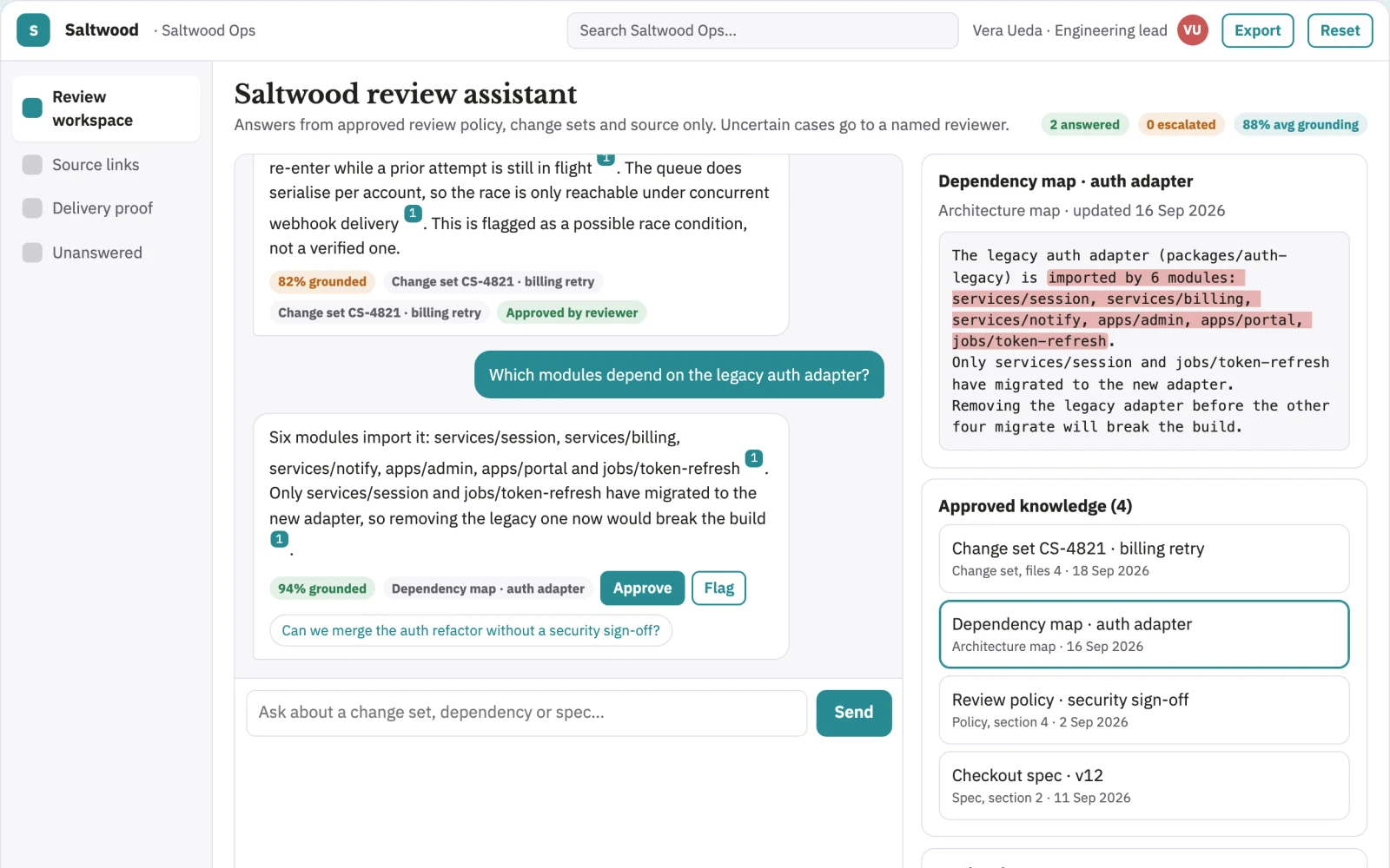 Screenshot of the Source-linked codebase review and planning console interactive demo
