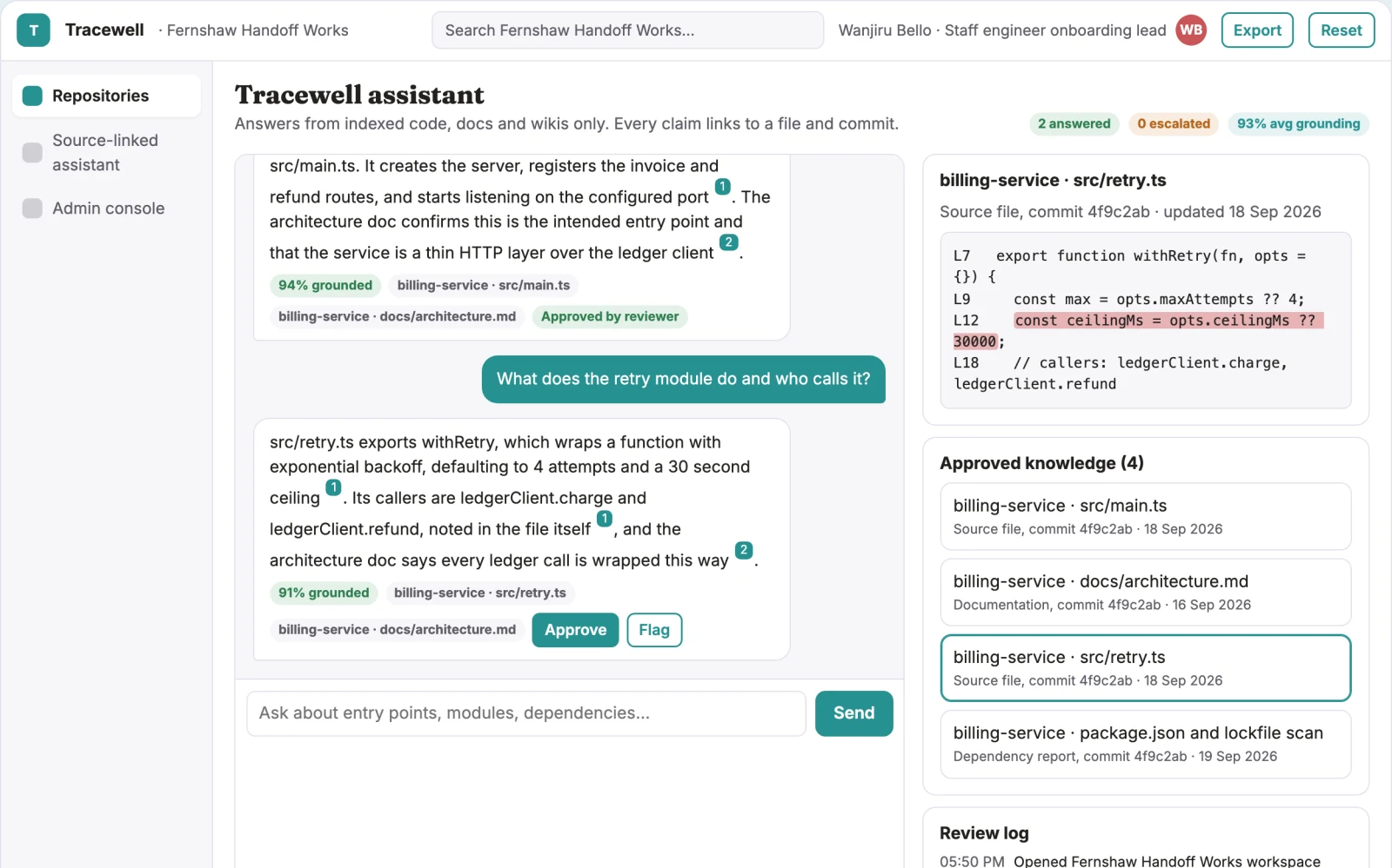 Screenshot of the Source-linked codebase understanding console interactive demo