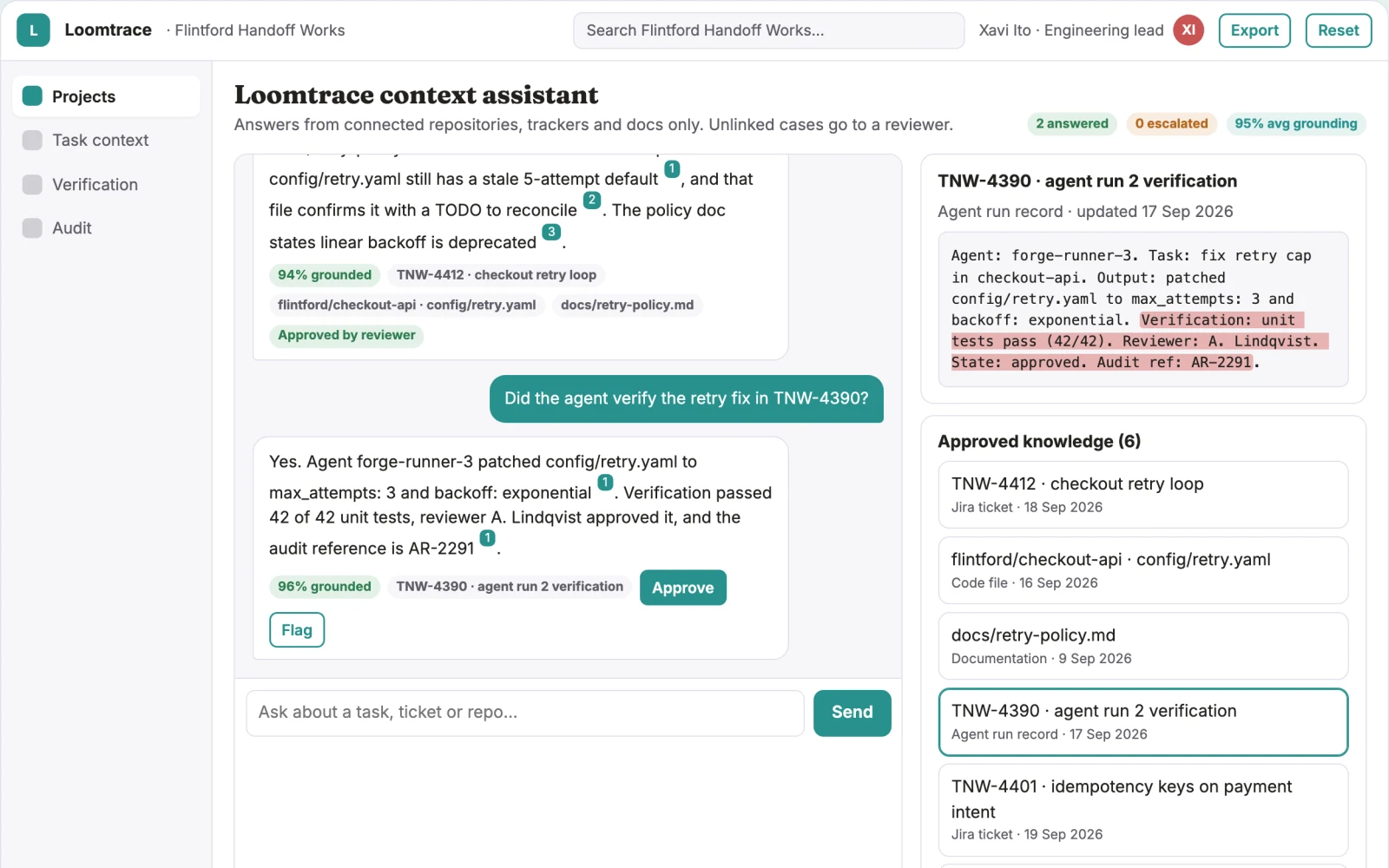 Screenshot of the Source-linked coding agent context and orchestration console interactive demo