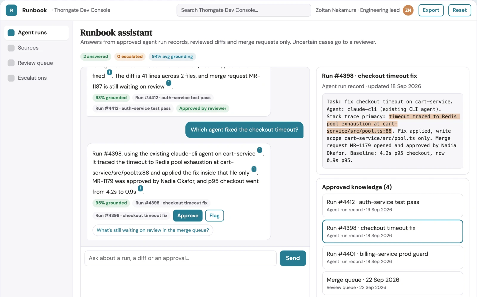 Screenshot of the Source-linked coding agent operations console interactive demo