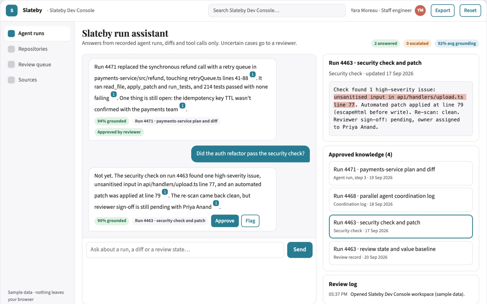 Screenshot of the Source-linked coding agent operations console interactive demo