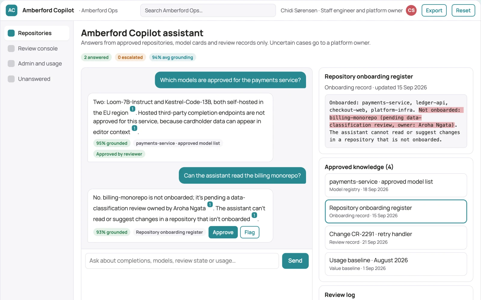 Screenshot of the Source-linked coding assistant and admin console interactive demo