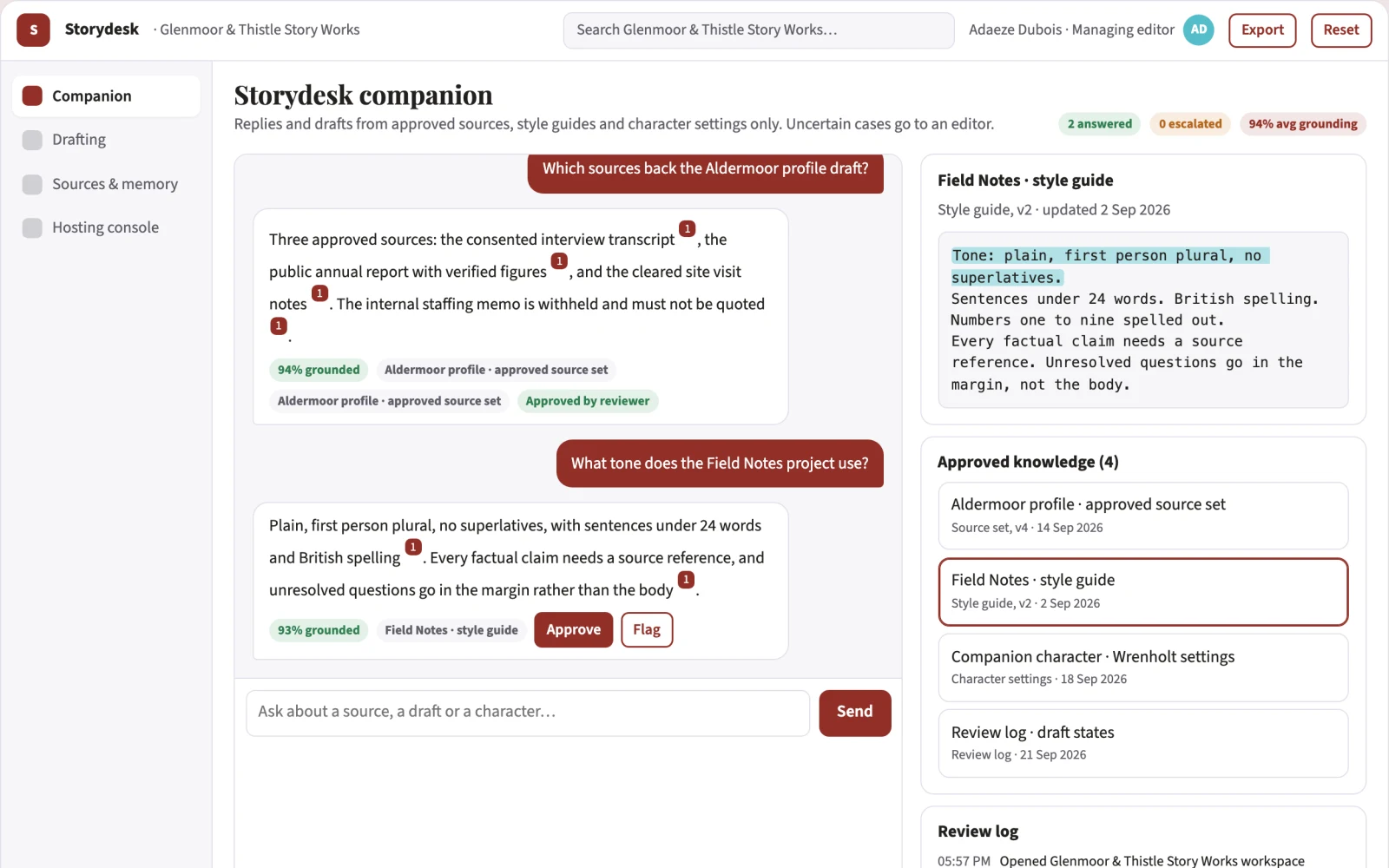 Screenshot of the Source-linked companion and content workbench interactive demo