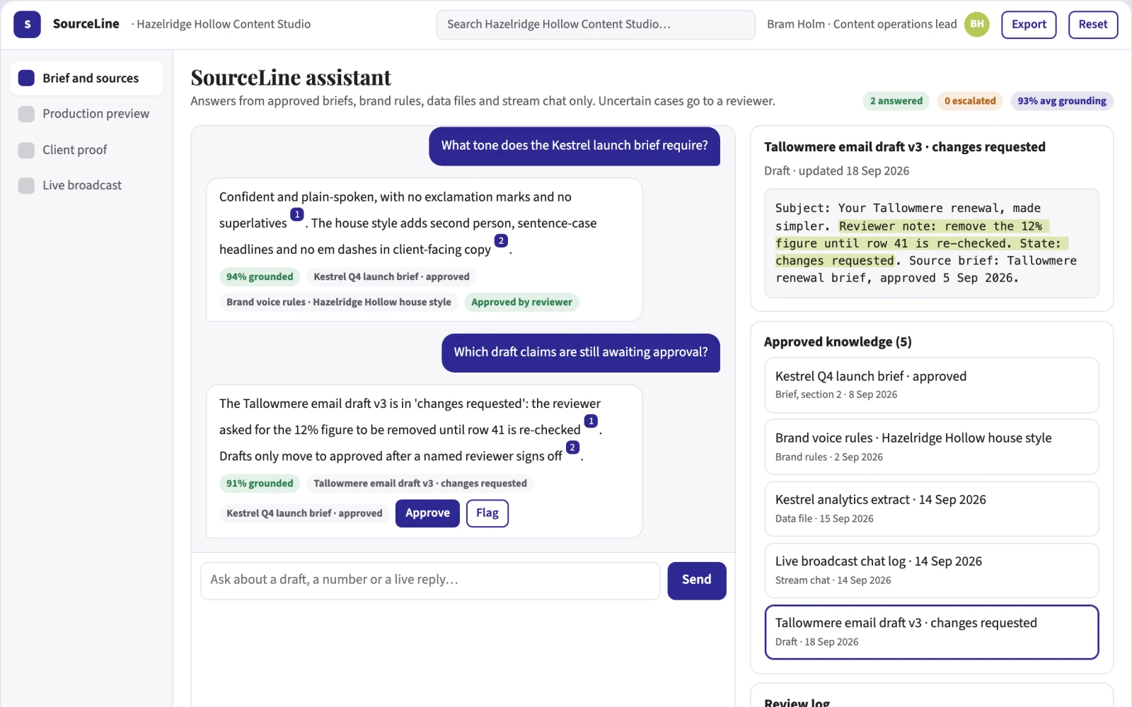 Screenshot of the Source-linked content, analytics and live broadcast console interactive demo