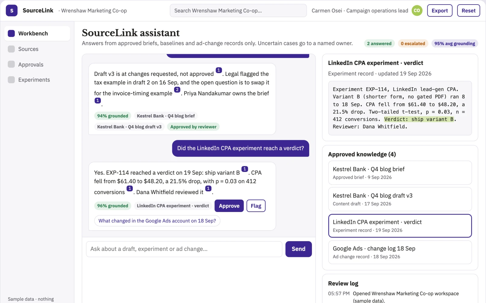Screenshot of the Source-linked content and campaign operations console interactive demo