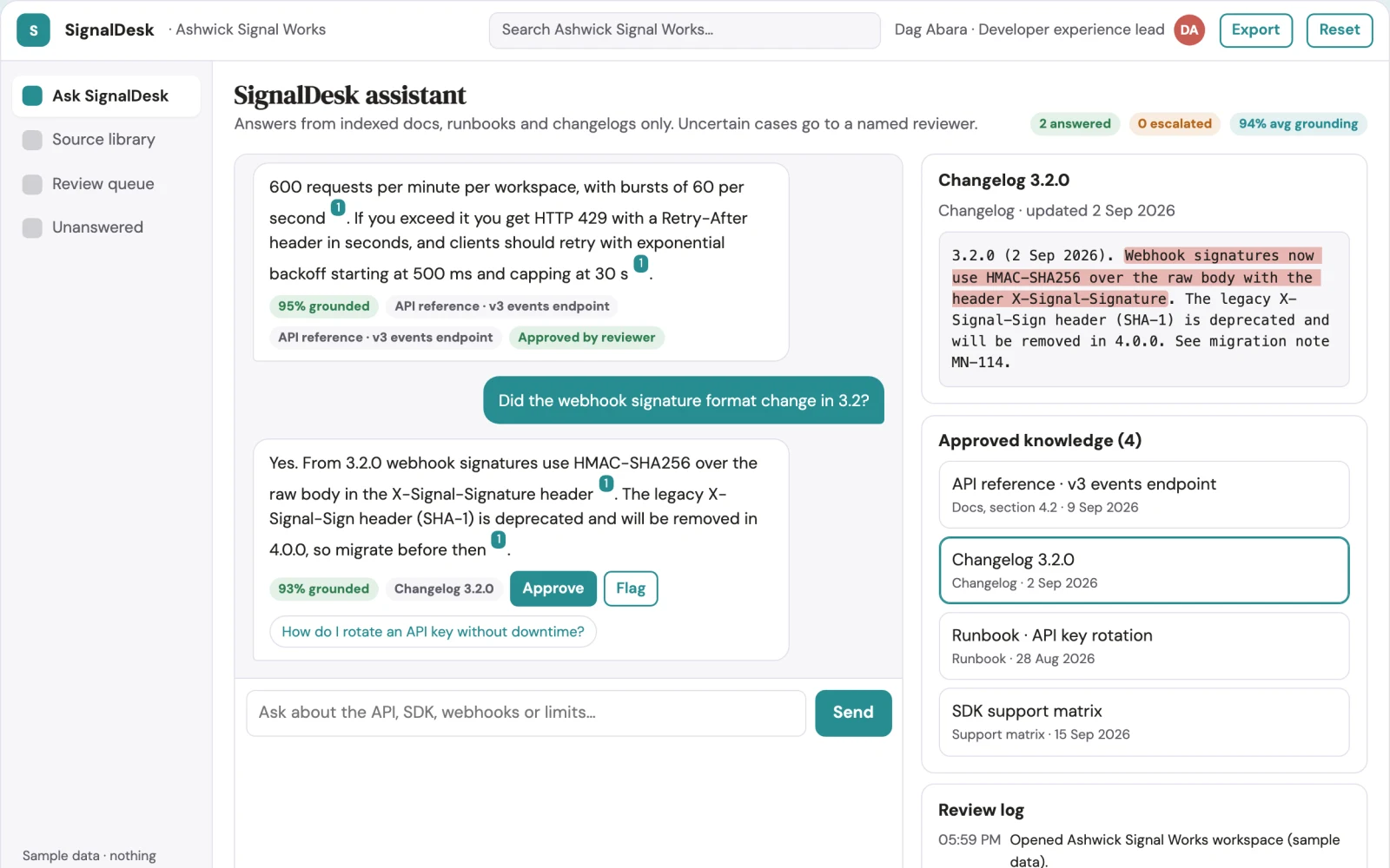 Screenshot of the Source-linked content, chatbot and demo console interactive demo