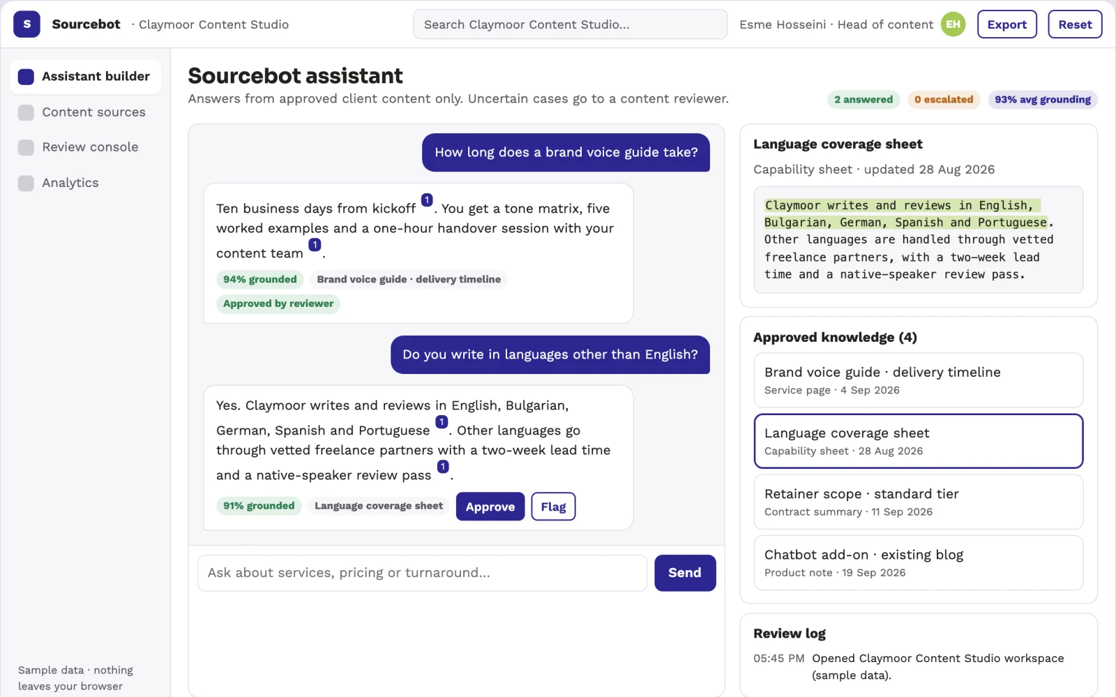 Screenshot of the Source-linked content chatbot builder and console interactive demo