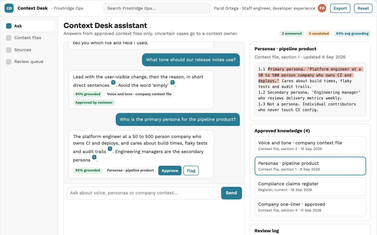 Screenshot of the Source-linked context and content operations console interactive demo