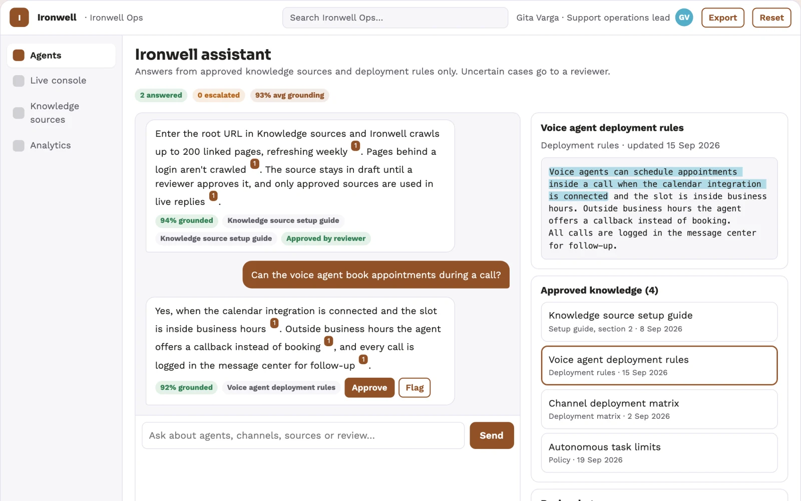 Screenshot of the Source-linked conversation agent operations console interactive demo