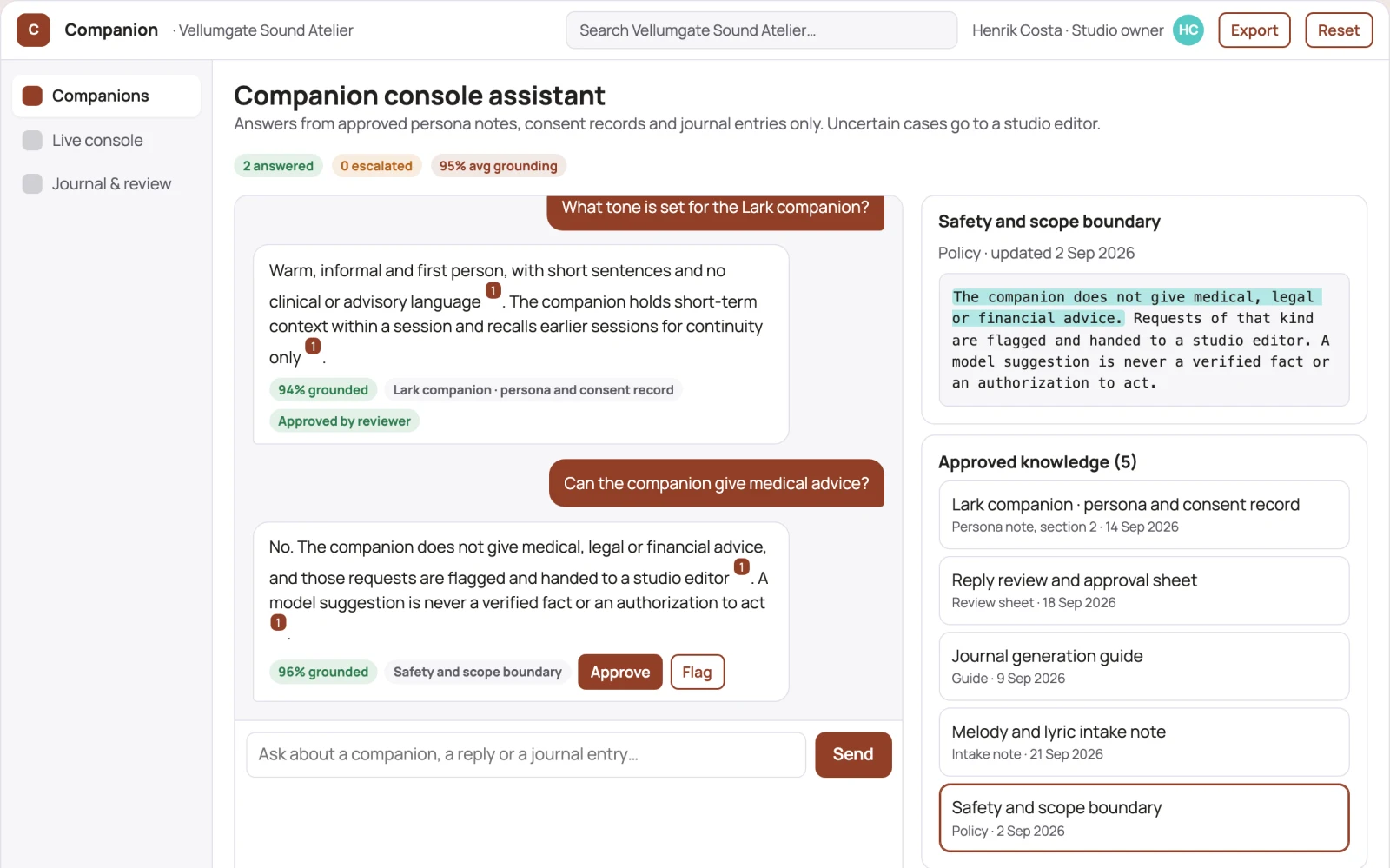 Screenshot of the Source-linked conversational companion console interactive demo