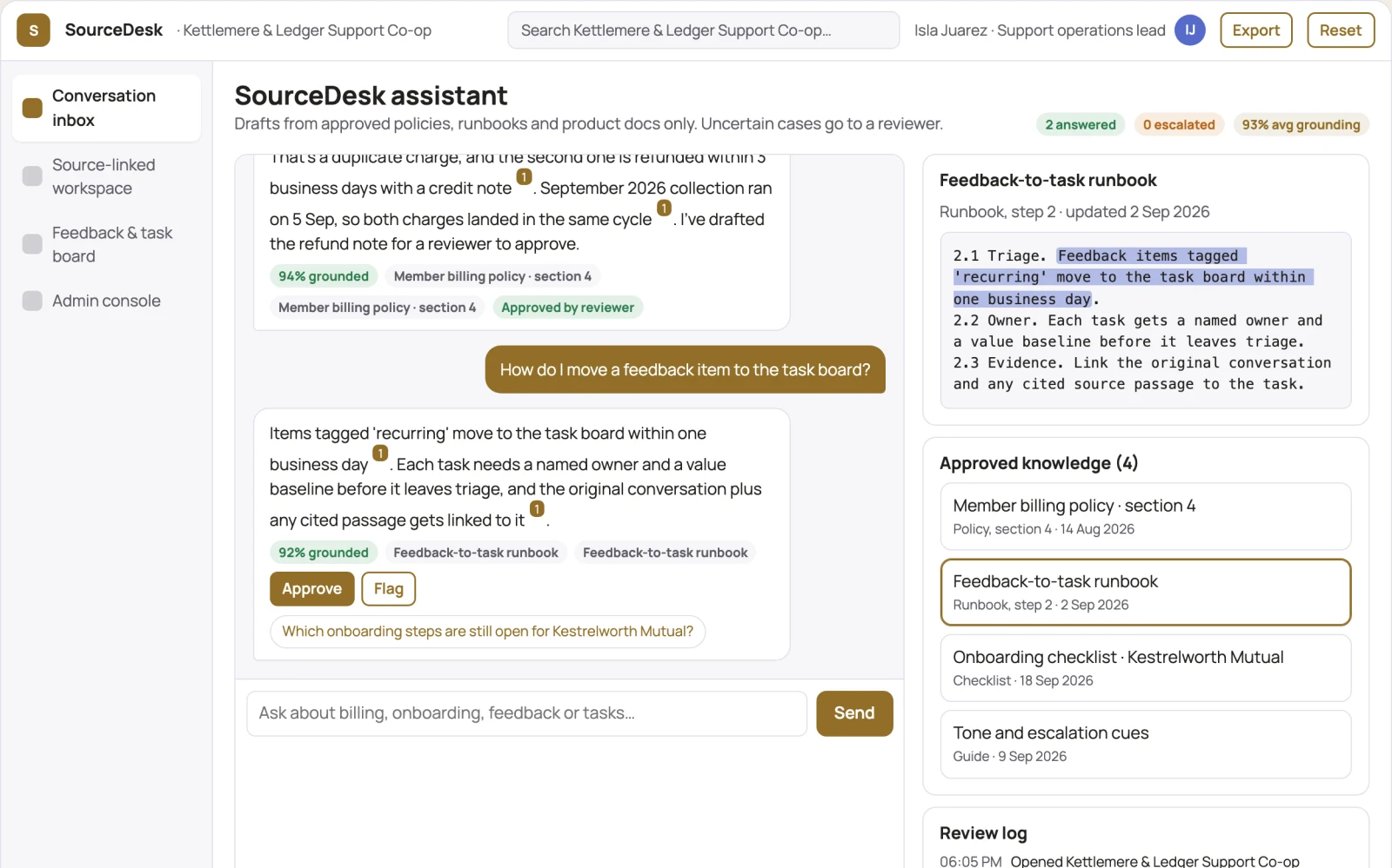 Screenshot of the Source-linked conversational support and feedback console interactive demo