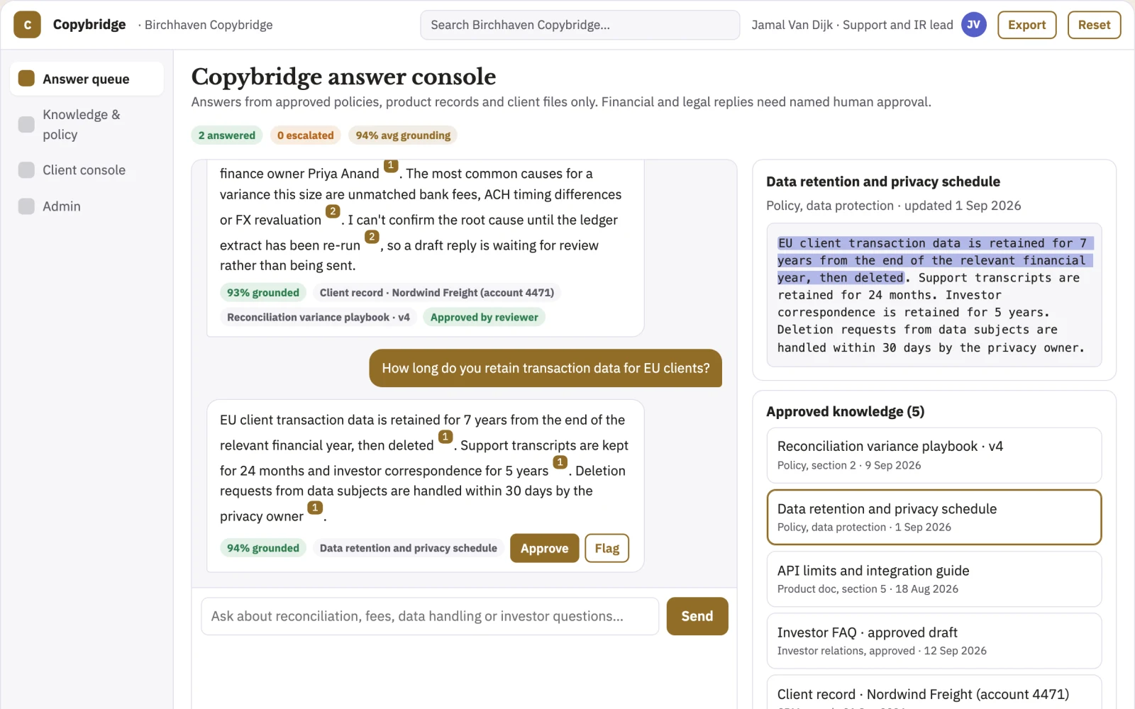 Screenshot of the Source-linked customer and investor answer console interactive demo