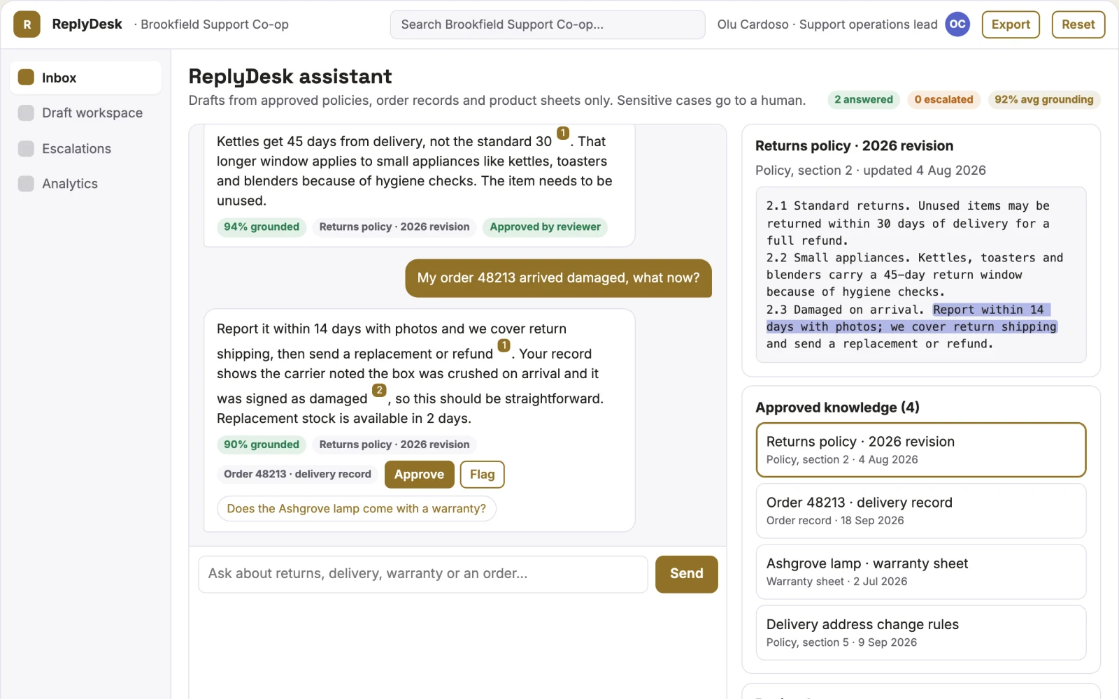 Screenshot of the Source-linked customer support assistant and console interactive demo