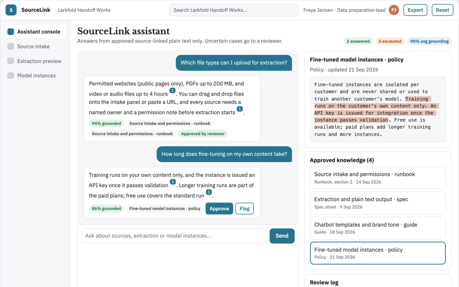 Screenshot of the Source-linked data preparation and assistant console interactive demo