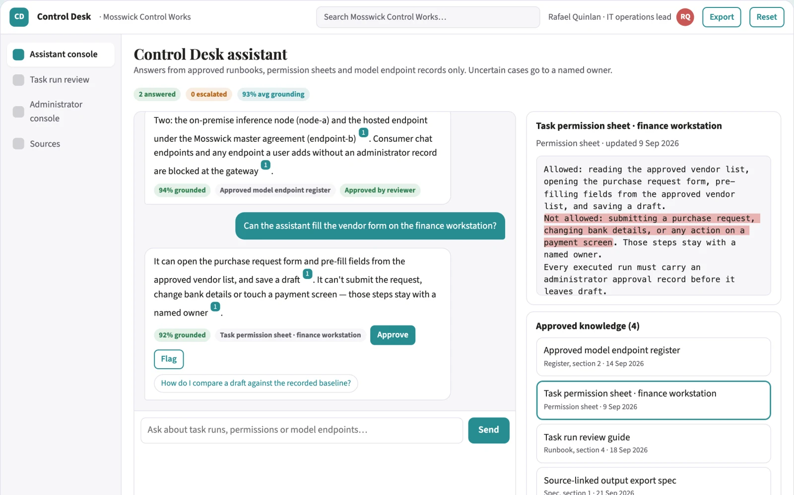 Screenshot of the Source-linked desktop AI assistant and task console interactive demo