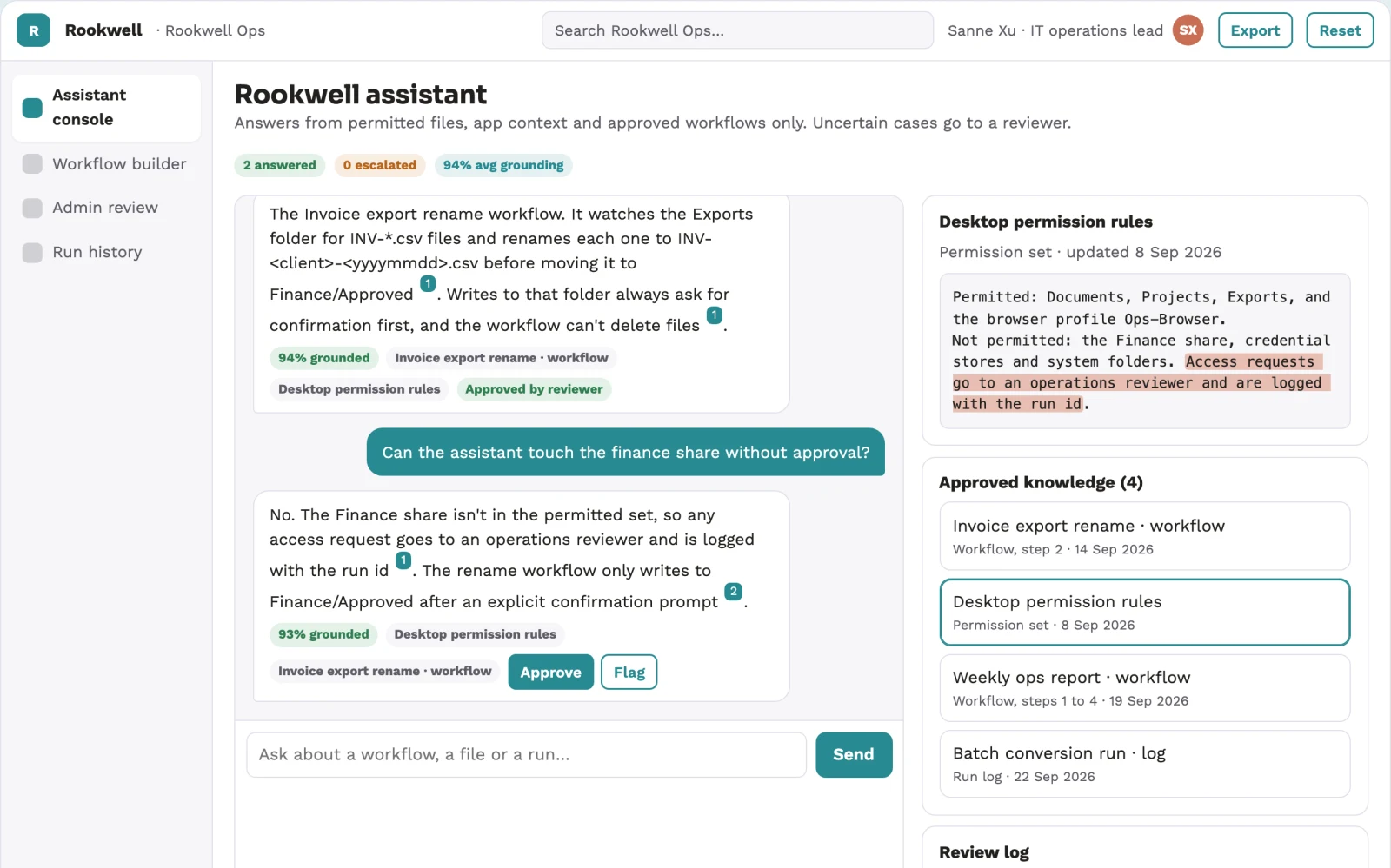 Screenshot of the Source-linked desktop assistant and admin console interactive demo