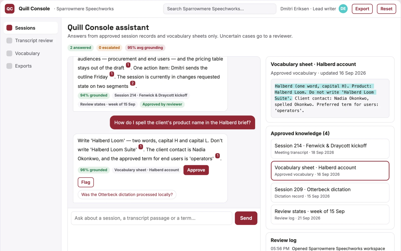 Screenshot of the Source-linked desktop dictation and meeting transcription console interactive demo