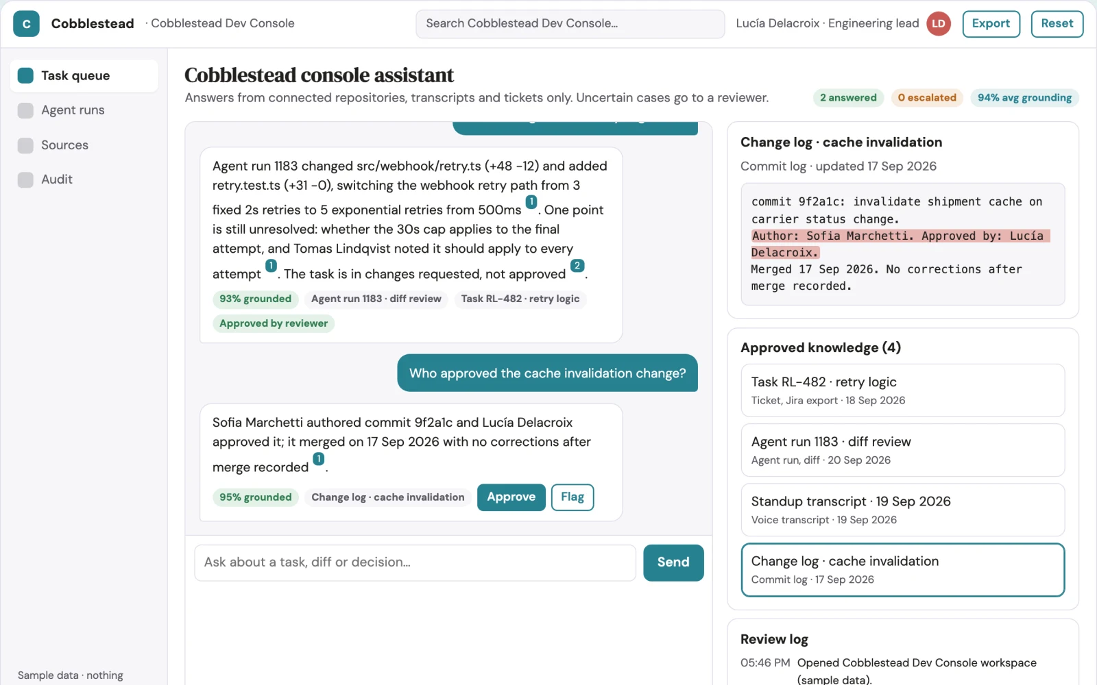 Screenshot of the Source-linked development agent console interactive demo