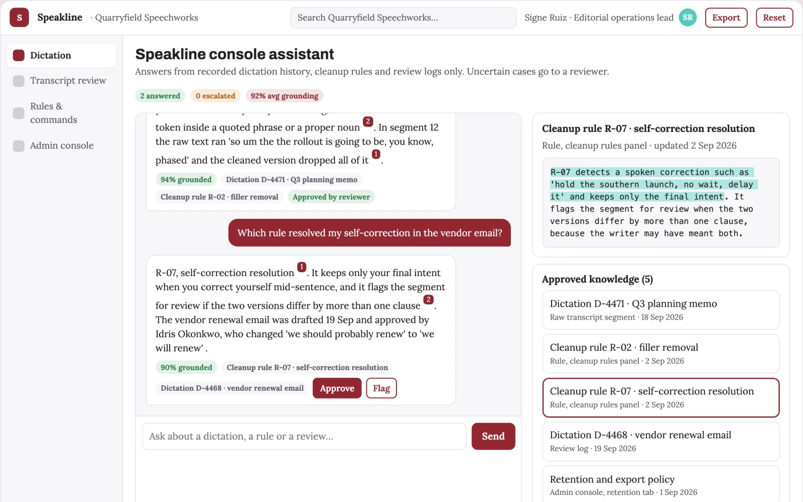 Screenshot of the Source-linked dictation and writing console interactive demo