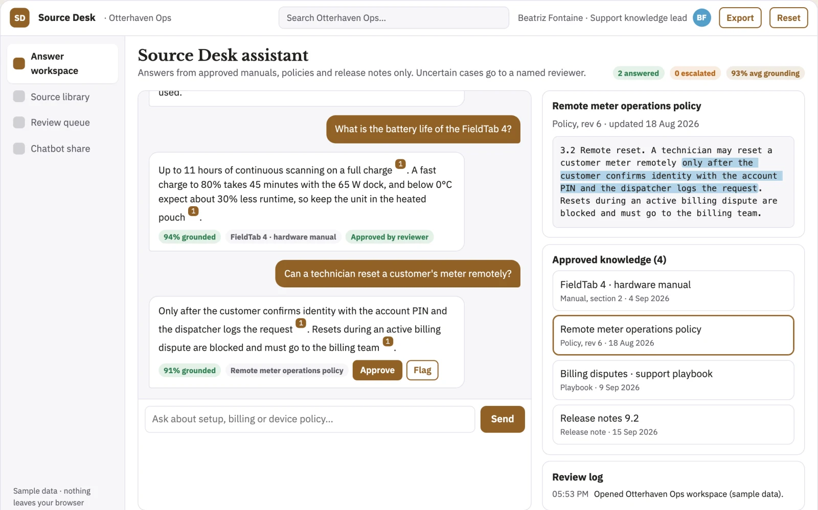 Screenshot of the Source-linked document answer console interactive demo