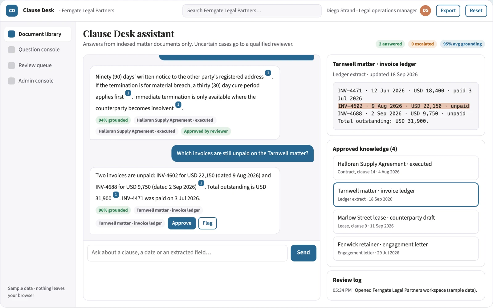 Screenshot of the Source-linked document question and extraction console interactive demo
