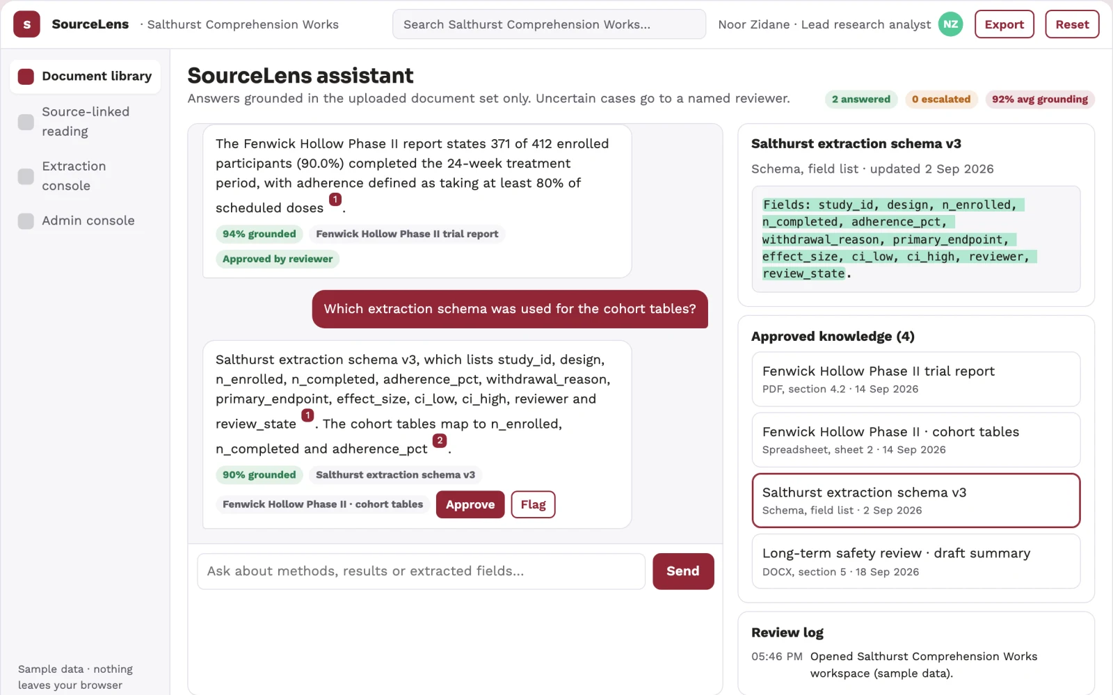 Screenshot of the Source-linked document reading and extraction workbench interactive demo