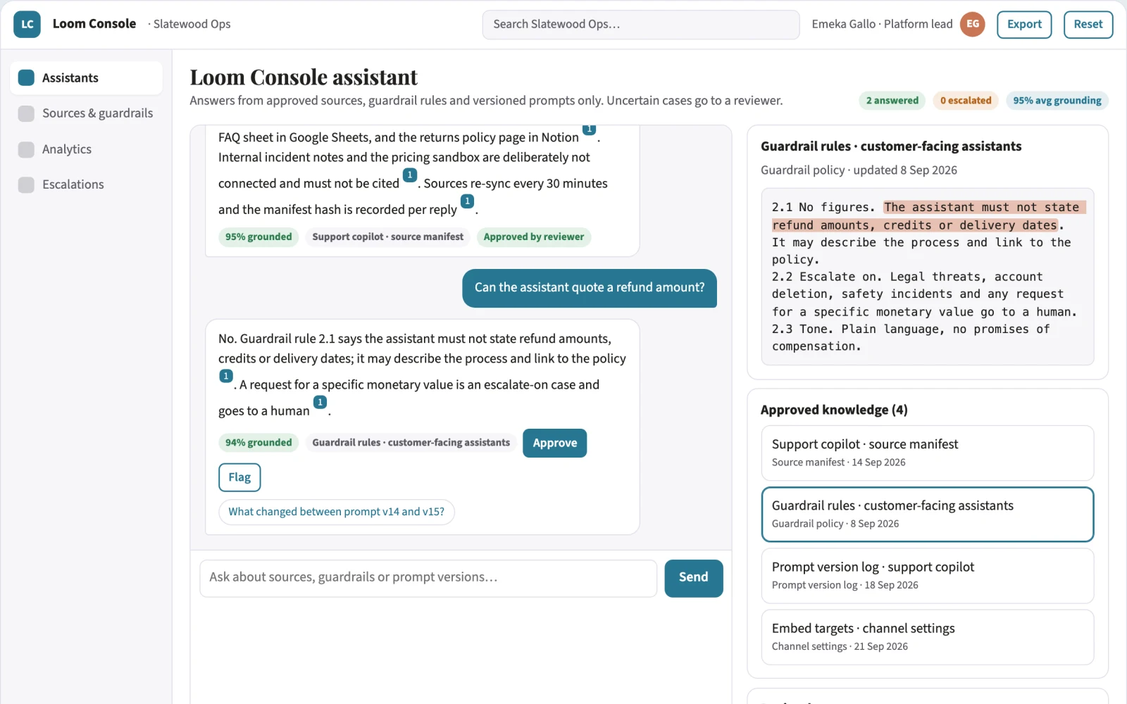 Screenshot of the Source-linked embedded assistant console interactive demo