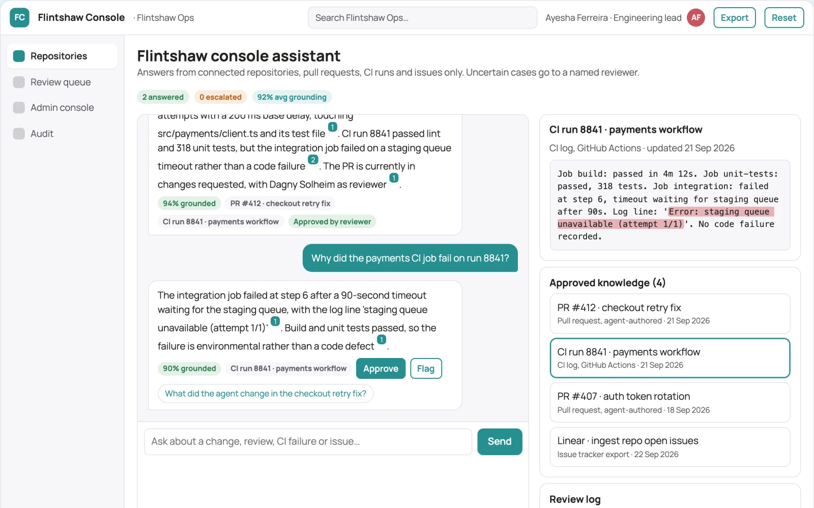 Screenshot of the Source-linked engineering agent console interactive demo