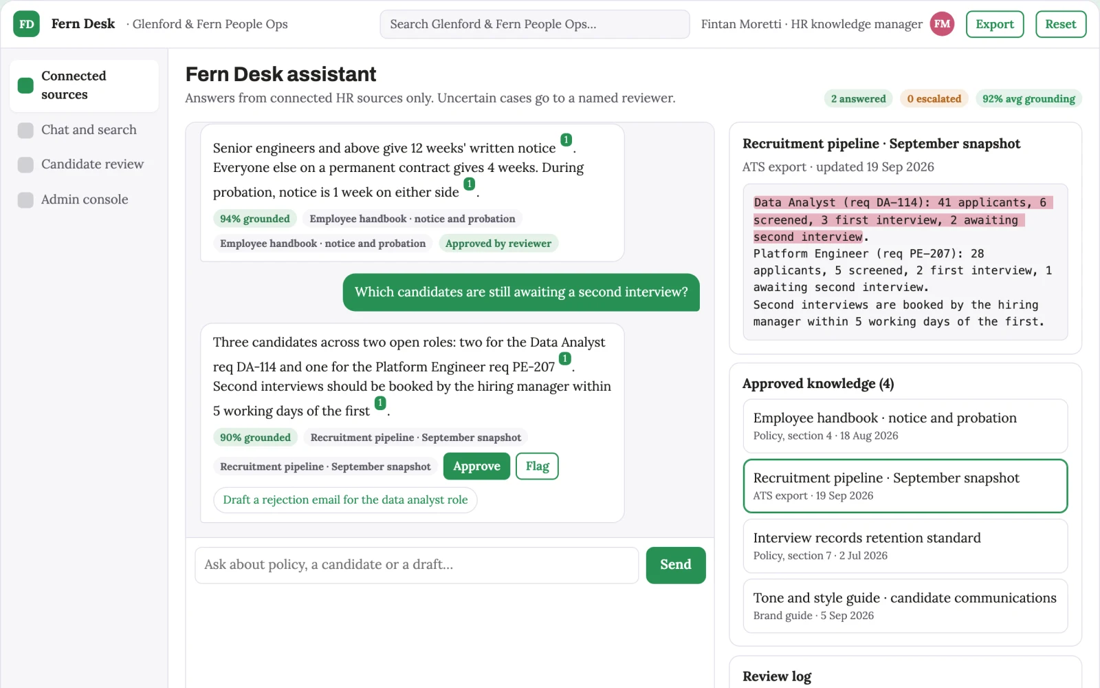 Screenshot of the Source-linked HR knowledge and candidate workbench interactive demo