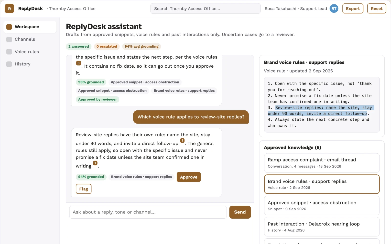 Screenshot of the Source-linked in-app reply and content assistant interactive demo