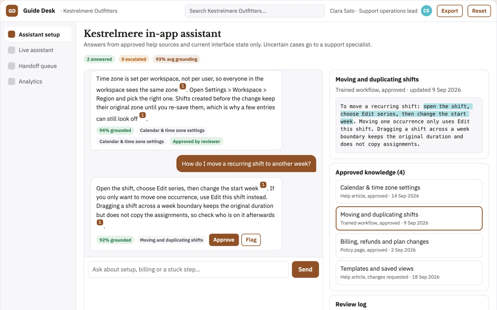 Screenshot of the Source-linked in-app support assistant console interactive demo