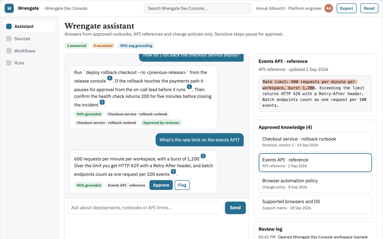 Screenshot of the Source-linked in-browser AI assistant console interactive demo