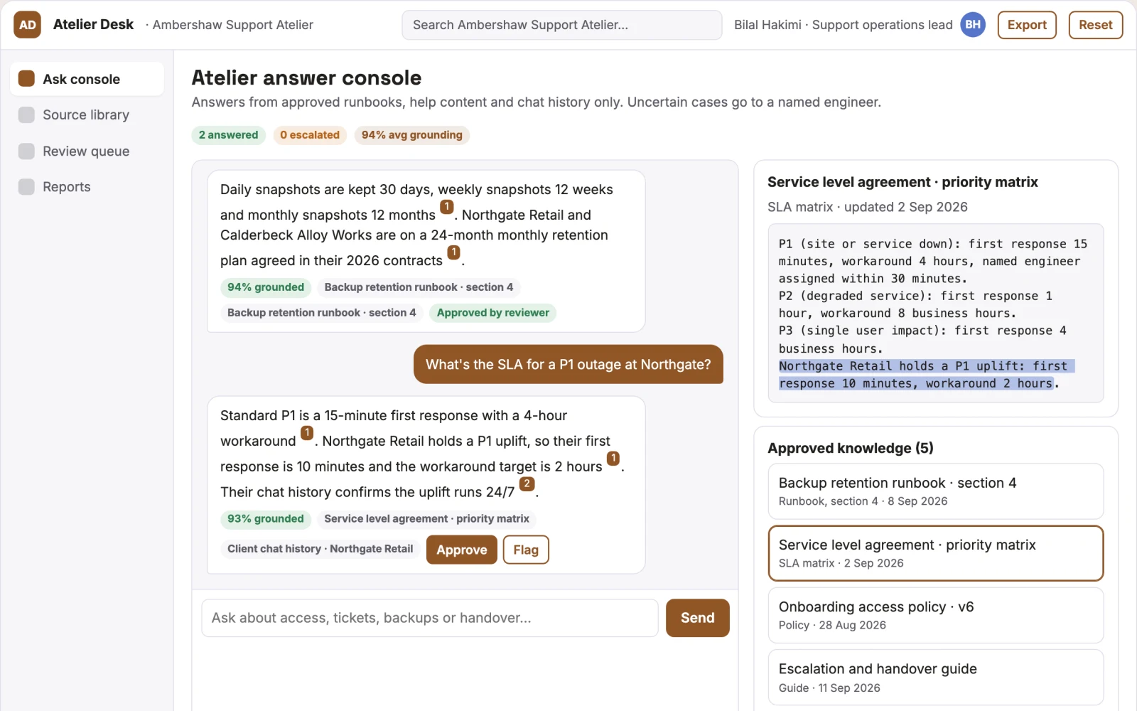 Screenshot of the Source-linked internal answer console interactive demo