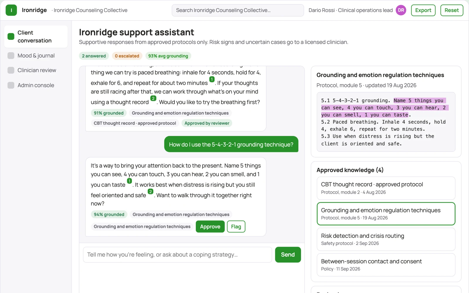 Screenshot of the Source-linked mental health support assistant and administrator console interactive demo