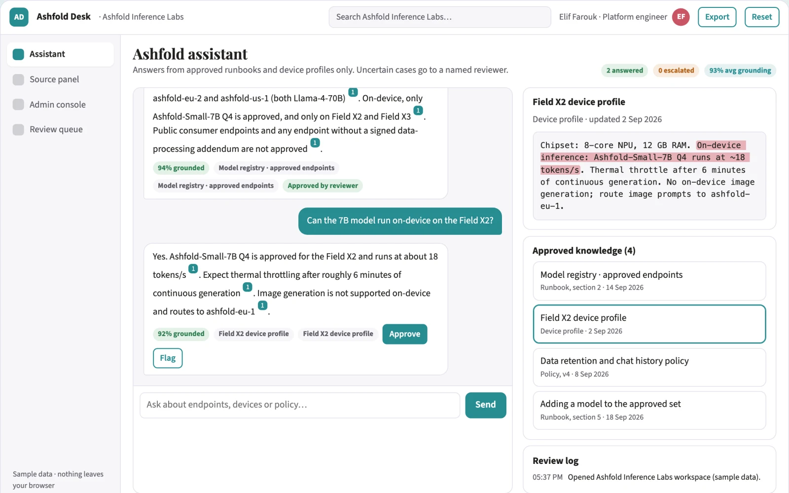 Screenshot of the Source-linked mobile AI assistant and admin console interactive demo