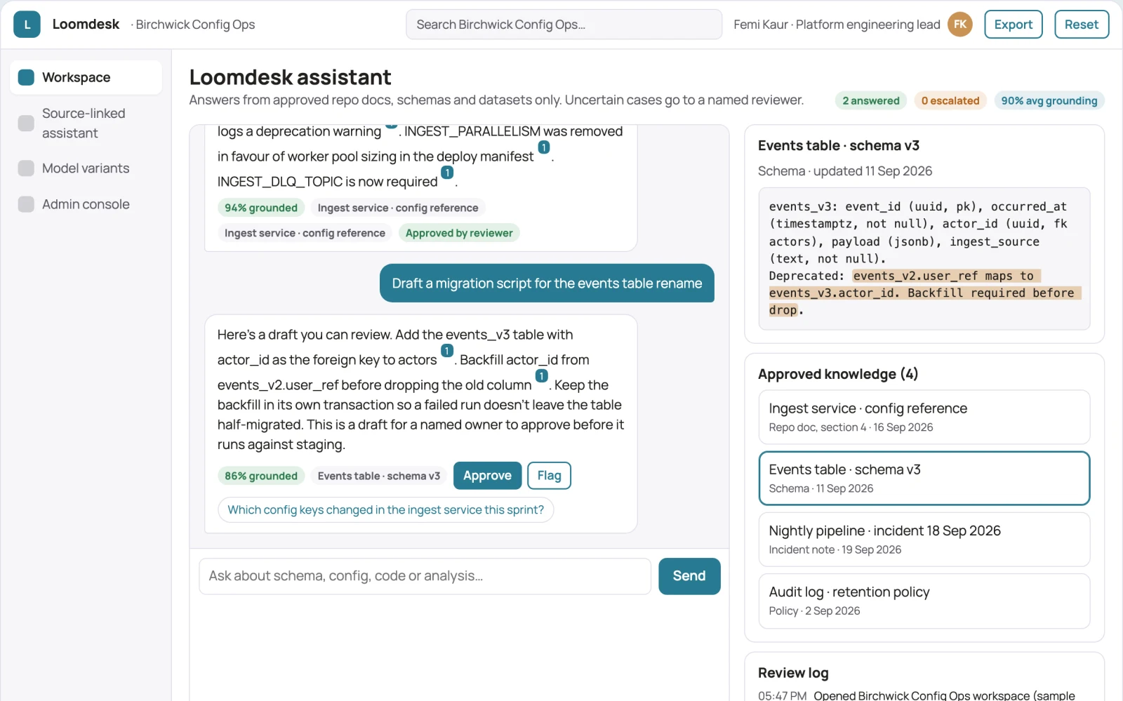 Screenshot of the Source-linked model workspace and admin console interactive demo