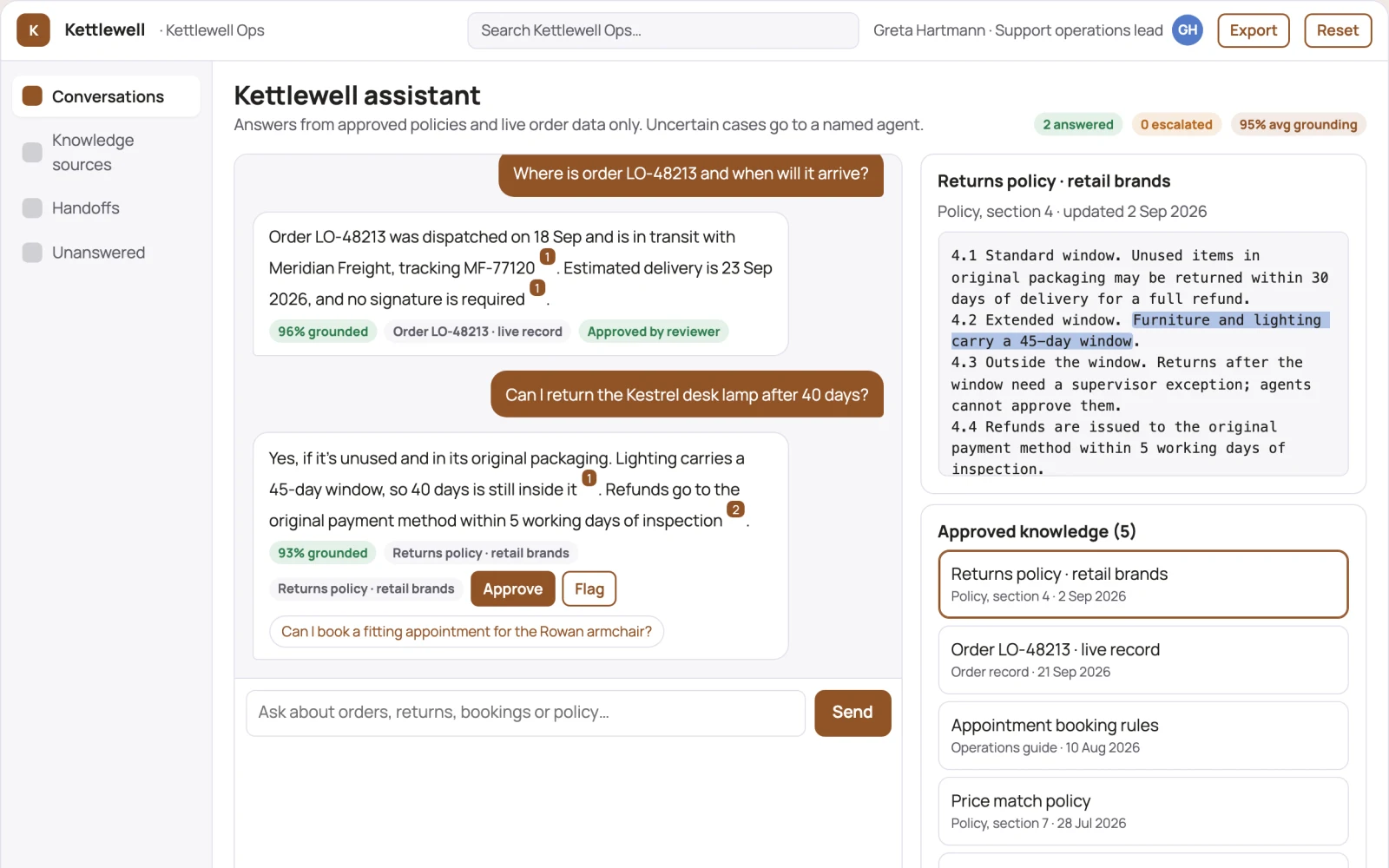 Screenshot of the Source-linked multi-channel support assistant and console interactive demo